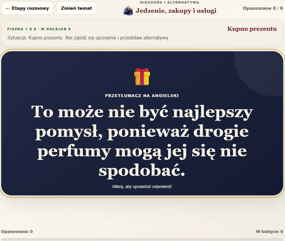 Fiszka z polskim zdaniem do przetłumaczenia