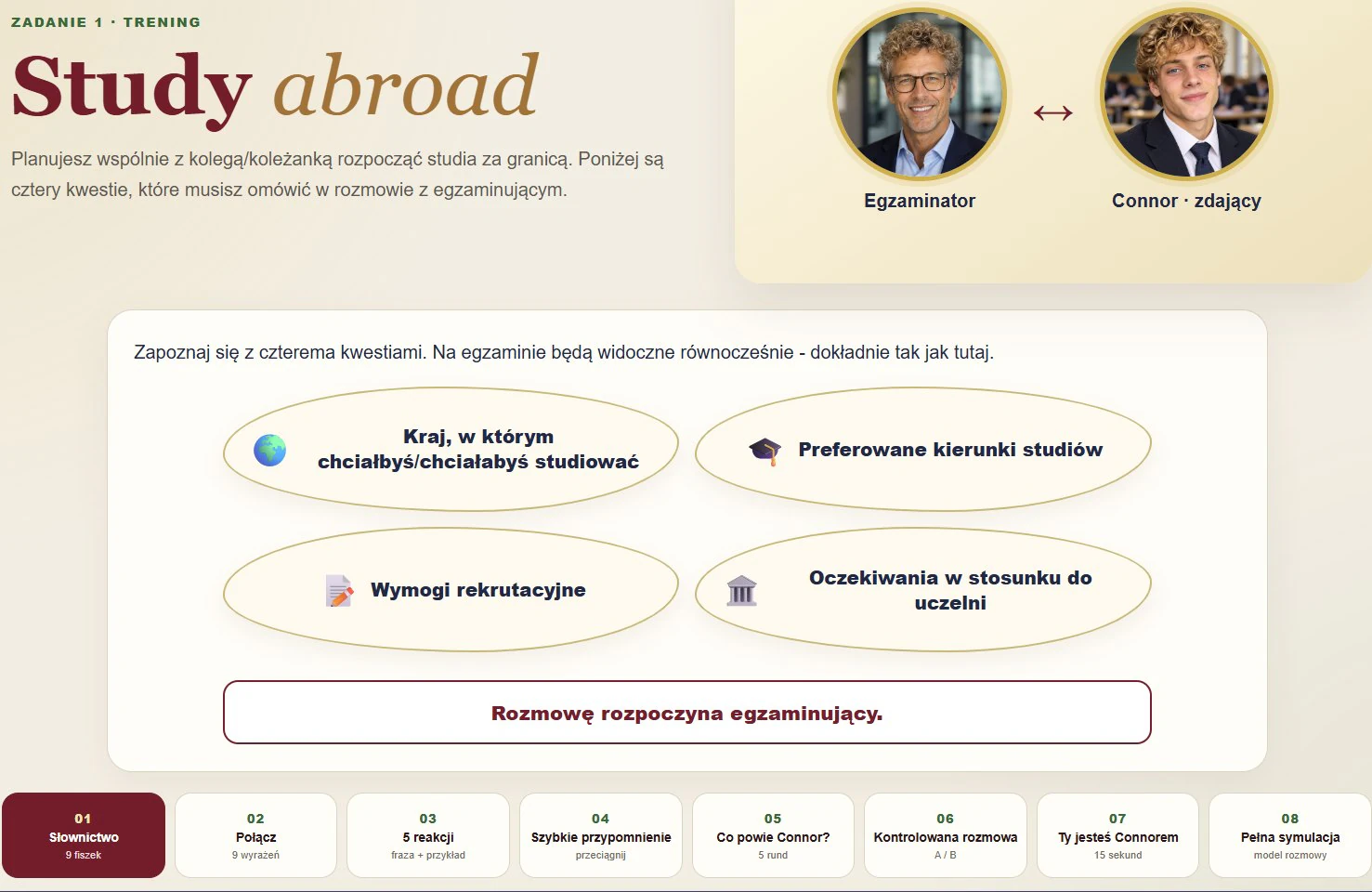 Zadanie Study abroad z czterema kwestiami i postaciami