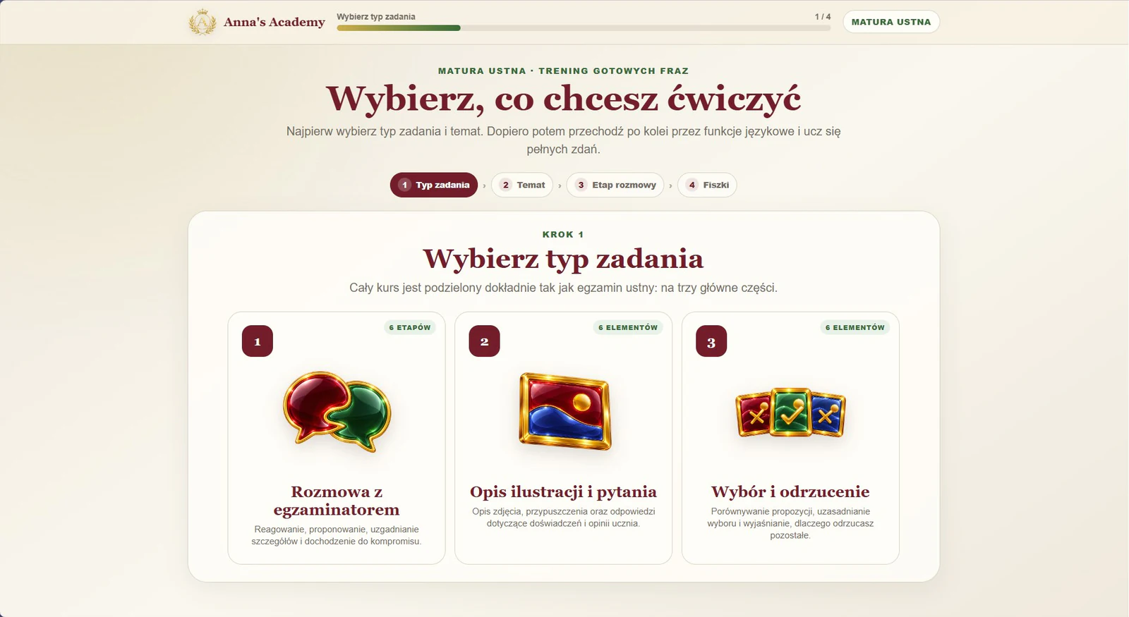 Wybór typu zadania: rozmowa, opis ilustracji i wybór obrazka