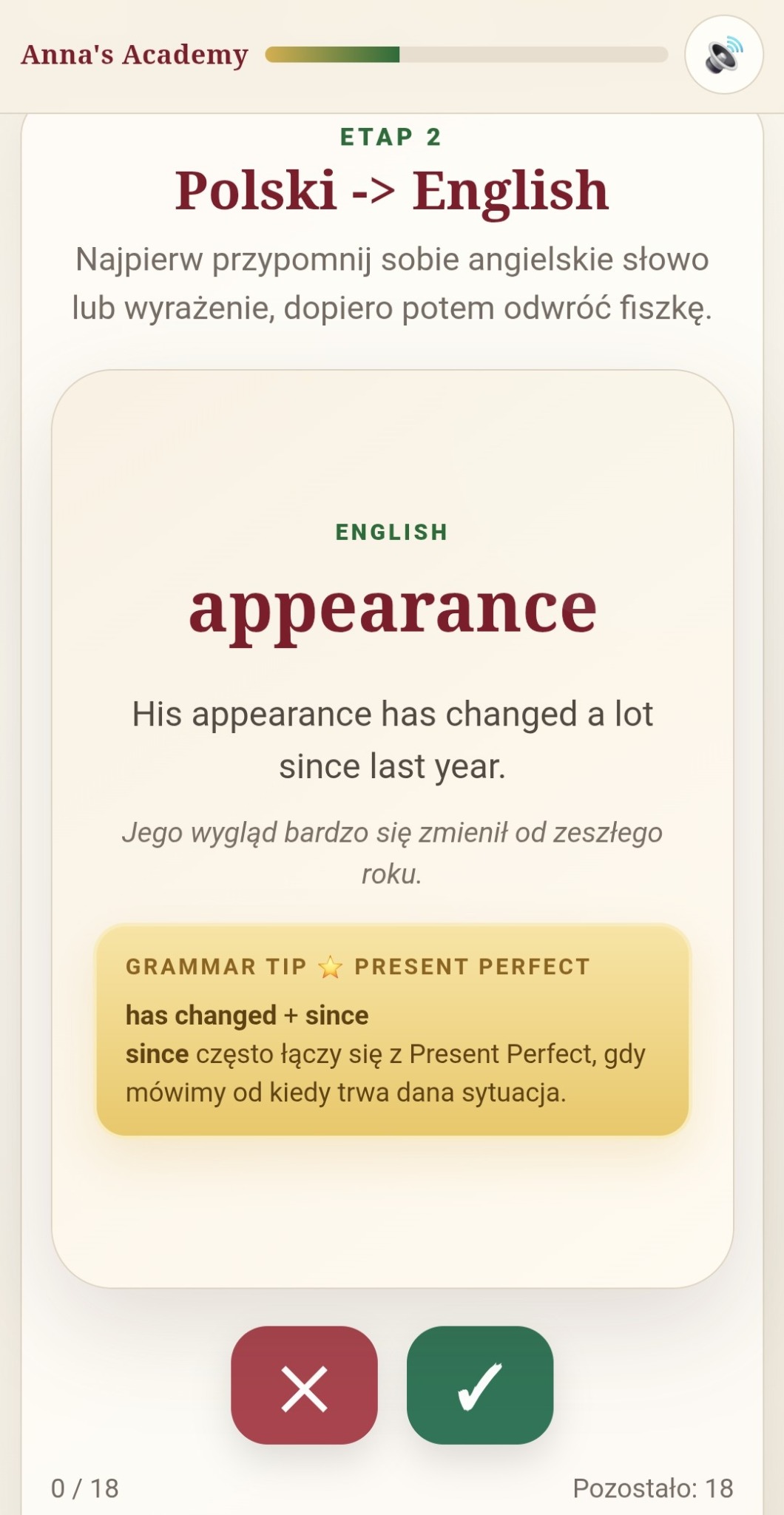 Fiszka Appearance z grammar tipem