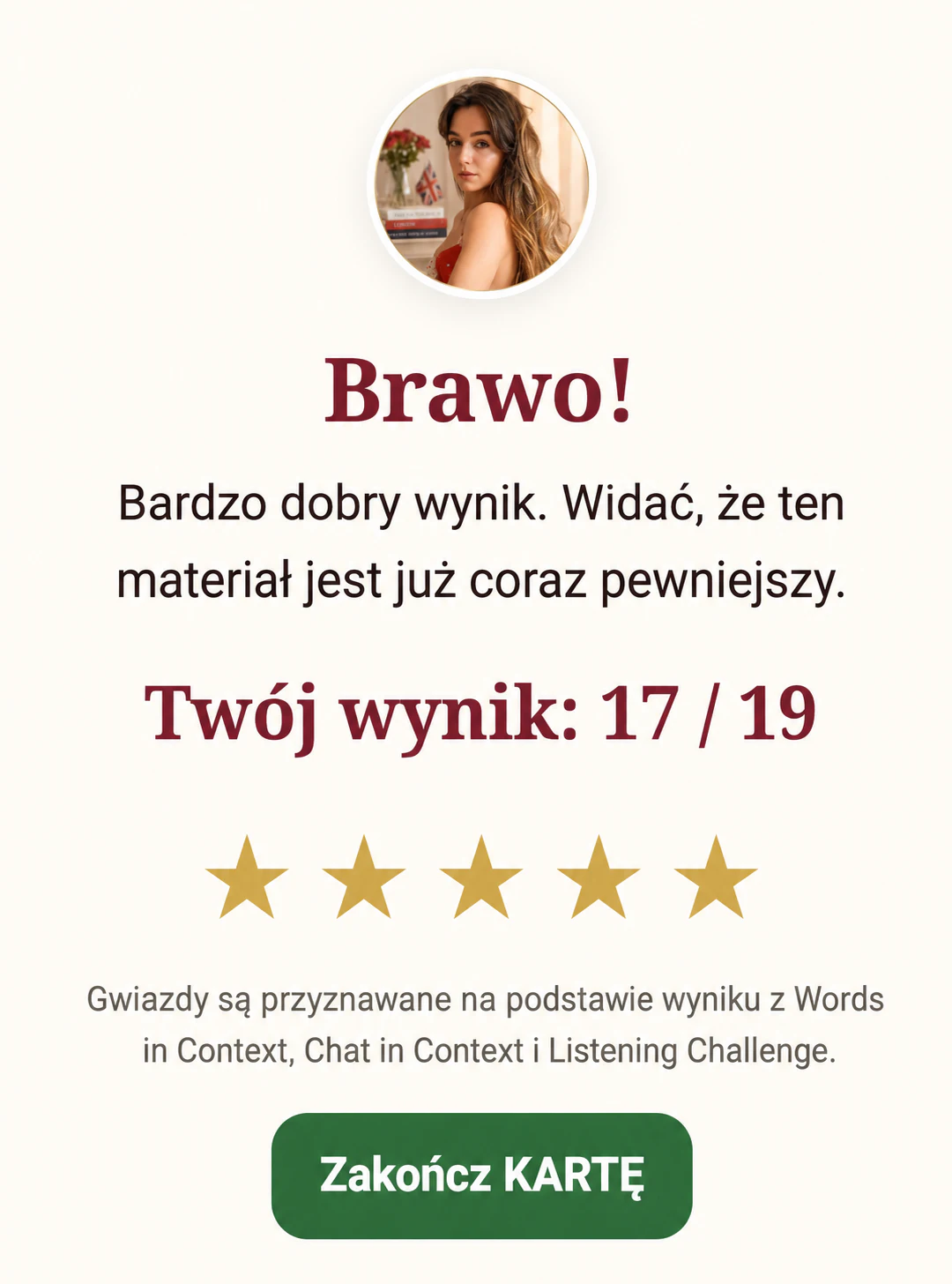 Natychmiastowy feedback po wykonaniu karty - wynik 17 na 19 i pięć gwiazdek