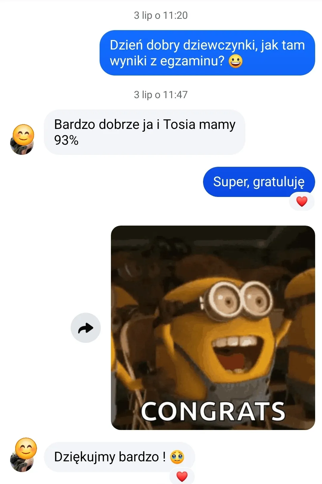 Opinia uczennicy o wyniku z egzaminu